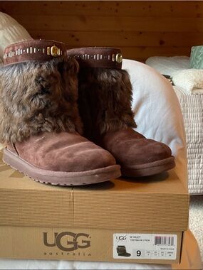 UGG Chestnut Suede Faux-Fur Cuff Ankle Boots